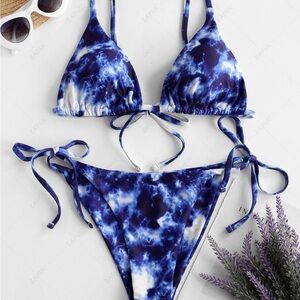 ZAFUL Blue Tie-Dye Bikini Set • Size S • Triangle Top + Tie-Side Bottoms